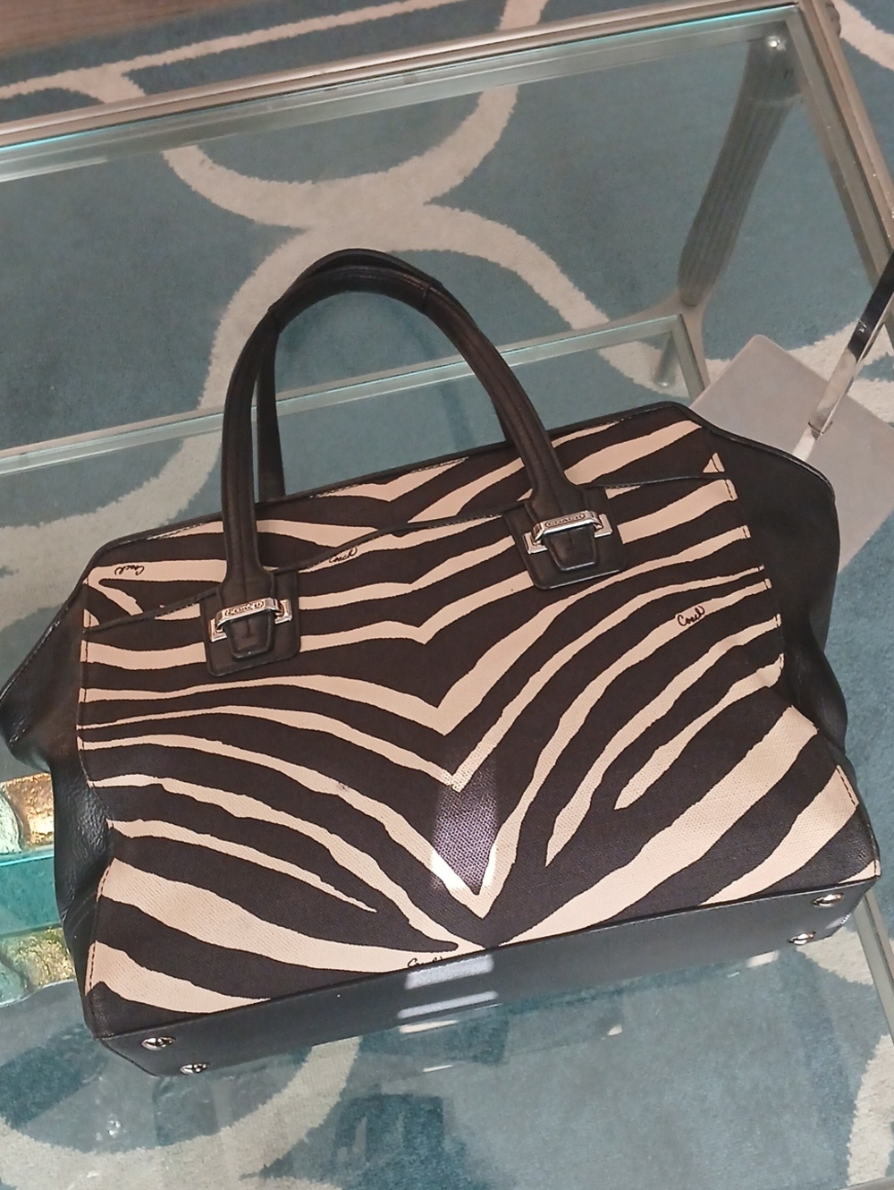 Coach Taylor Zebra-Print Carryall Canvas And Leather Tote - Picture 7 of 12
